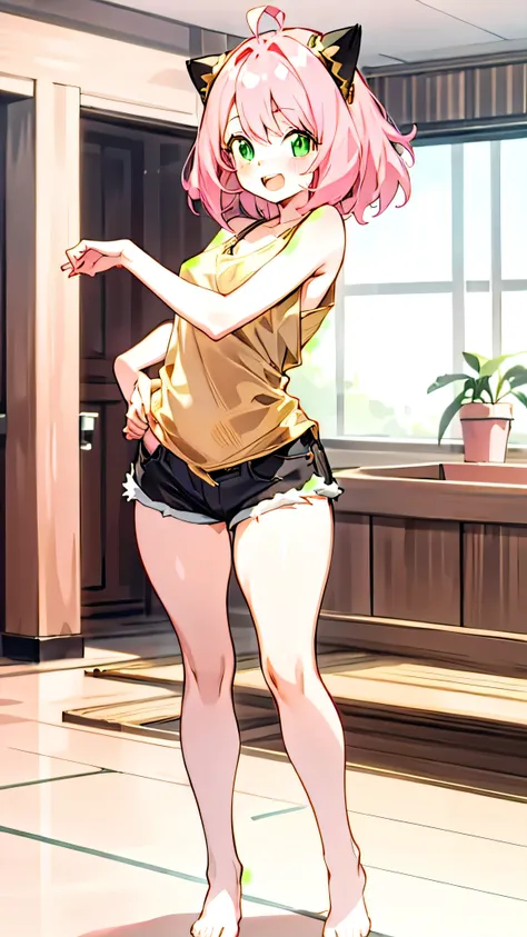 1girl, Pink hair, green eyes, smiling expression, blushing cheeks, a short white tank top with no bra, black shorts, no shoes, black and gold cat ears headband, indoors, standing, adult:1.5), looking at the viewer, open mouth, curvy hips, long legs, buttch...