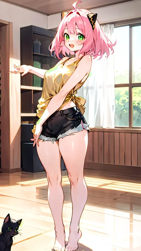 1girl, Pink hair, green eyes, smiling expression, blushing cheeks, a short white tank top with no bra, black shorts, no shoes, black and gold cat ears headband, indoors, standing, adult:1.5), looking at the viewer, open mouth, curvy hips, long legs, buttch...