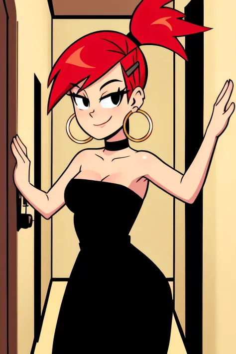 frankie foster, fostersstyle, (black pupils), red hair, strapless, black eyes, black dress, gold hoop earrings, sexy posing, hai...