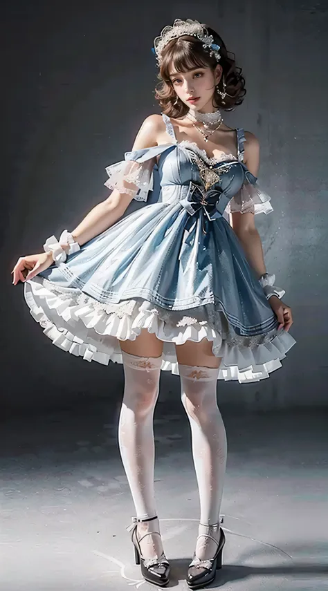 (masterpiece, best quality, Realistically, Work, Ultra Detailed, 8k), ((Wide-angle lens, Full body female)), 1 girl,Light makeup,Exquisite facial features,Smile,Exquisite crystal jewelry,Heart necklace,Crystal headband,short hair,Light brown hair, Pompadou...