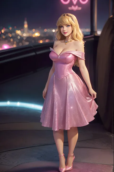 DisneyAurora (((1girl))) 27 years old, ((( Taylor Swift:Emma Stone:0.7))) Beautiful woman (((shoulder length wavy blonde hair))) (bangs:1.2) (sparkling light pink dress, long skirt with matching heels) iridescent clothing (purple eyes) defined body, Red li...