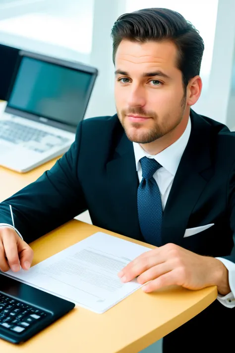 A 35-year-old man, ((icy)), ((hiperrealismo)), brown hair with graying temples. Brown hair, pelo con sombra de gris, sculptural face, hombre de negocios, photo taken with Canon, office setting, professional attire, tie, suit, glass of whiskey on the desk, ...