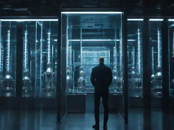 many human bodies with robotic parts in transparent tubes filled with liquid, in a high-tech laboratory, at the end of the hallway on a screen, you can see the face of a bald blue robotic man made of binary codes, image in dark colors, 4k , ultra detailed ...