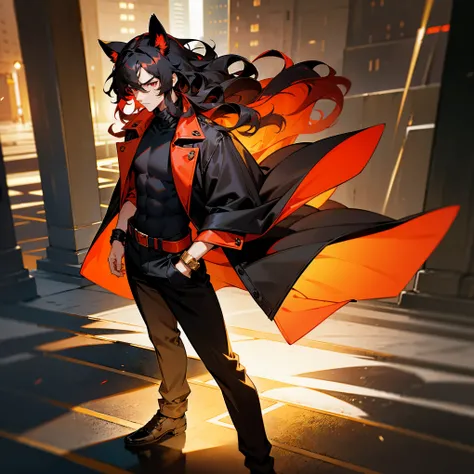 1male , Adult Male , Animal Ears on Head , Wavy Hair , Medium Length Hair , Black Turtleneck Jacket , Black Hair , Red Highlighted Hair , Serious Expression , Golden Bracelets on both wrists , Standing on sidewalk , Modern City Background