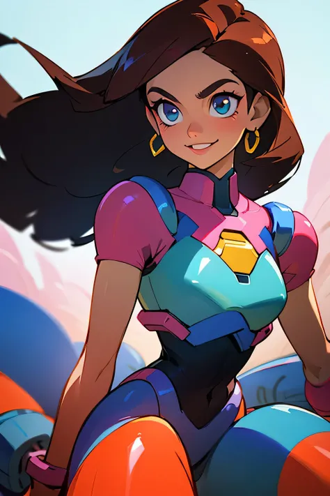 (best quality, ultra-detailed, photo-realistic:1.37), bright and vibrant colors, studio lighting, playful expression, stylish makeup, long dark hair flowing in the wind, alluring eyes, glossy lips, action pose, Reploid, Cyberspace, Megaman X, Zero, smiling...