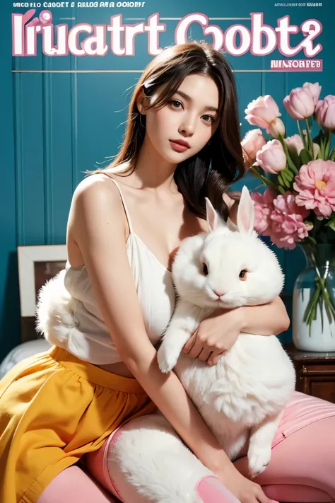 Model and background intact, Beautiful woman holding a large rabbit doll, Colorful background, magazine pose,
