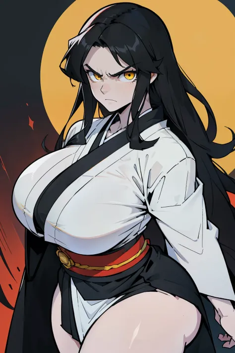 (1girl), black hair, (extremely long hair), yellow eyes, ((muscular)), (kimono), huge breasts, thick thighs, solo, angry, (pale skin)