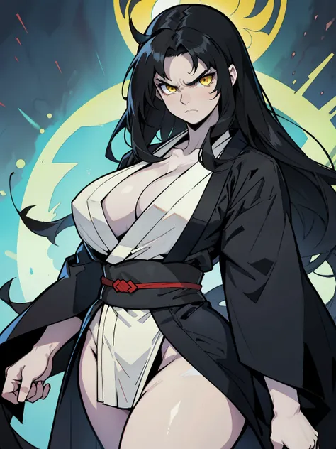 (1girl), black hair, (extremely long hair), yellow eyes, ((muscular)), (kimono), huge breasts, thick thighs, solo, angry, (pale skin)