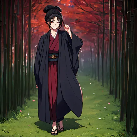 A woman wearing a black yukata, a burgundy dress inside the yukata, red eyes, long black hair, smiling, walking in a Japanese garden, full body, 8k, super detail, accurate, best quality, award winning, textured skin, high resolution, anatomically correct, ...