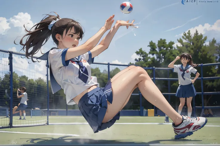 (super flat, flat shading), Honors Type, Really blushing, 17 years old, (exciting Match:1.5), 2girls, (fighting:1.5), wearing white short sleeves shirt, (school uniform:1.5), wedgie:1.5, cameltoe:1.7, sports shoes, ponytail brown hair, sweaty healthy body,...