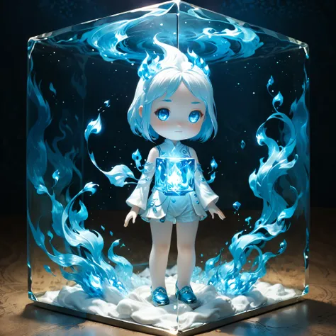 (glass cubes:1.2),(the white clothes blue fire elemental is inside the cube:1.2),surrealist style,(depicting (((blue fire))) ele...