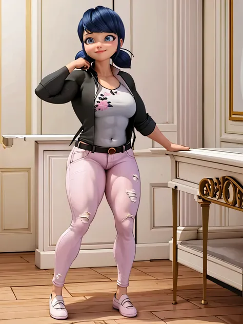 (big muscular female bodybuilder, beautiful detailed eyes, beautiful detailed lips:1.1,strong physique, two short pigtails, (smile), ( Marinette wears a white printed shirt ), ((( dark pink jeans , plane jeans, without pattern))) black jacket,, and ballet ...