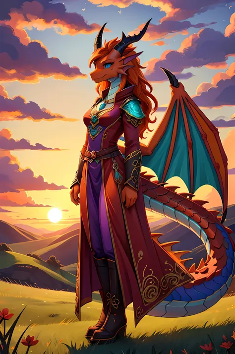 bright colors, fantasy style art, beautiful anthropomorphic female dragon, mature and young, tall character, 5 feet 11 inches tall, dragon body, dragon head, dragon snout, dragon eyes, dragon skin, long wavy bright orange hair, bright teal eyes, sparkling ...