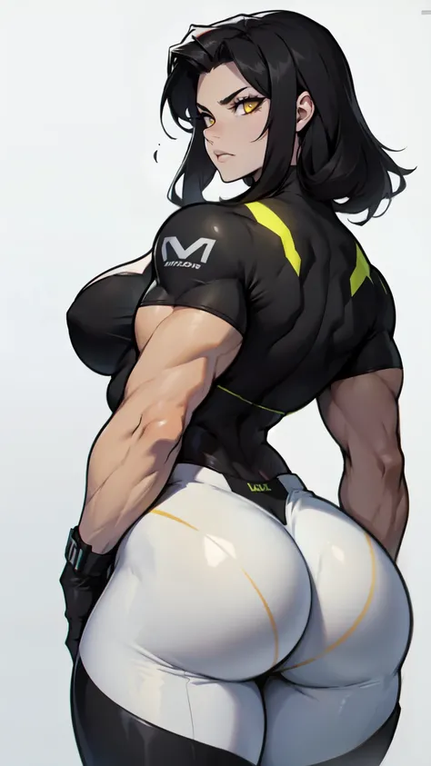 pale skin black hair yellow eyes muscular woman huge ass