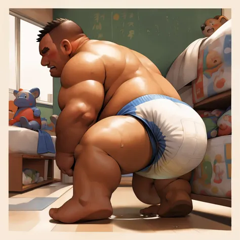 masterpiece, Top quality, in 32K, perfect anatomy, hyper detailed, super fine illustration, The thick man is a brutal prisoner, retarded, hairy human, 50yo in Japan, (fatness: 1.0), Fatty muscle, Bowleg, disappointment, incontinent, be diaper check by chil...