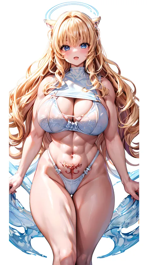 Very detailed、highest quality、Best image quality、masterpiece、8k、Anime Face、A kind smile、(Open your mouth:1.3)、Sparkling blue eyes、(Blonde Wavy Hair:1.5)、(Muscles of the whole body:1.3)、(highleg:2.0)、Thigh belt、(Cowboy Shot:1.5)、(SFW Giant)、(Thick body:1.2)...