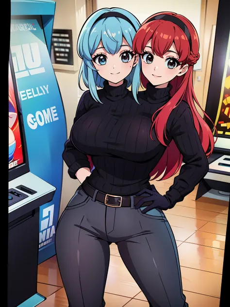 best quality, (masterpiece),(ultra-detailed), (high quality), (high resolution), ((2heads:1.5)), best quality:1.5, highres, UHD, 16K), smiling, highres, masterpiece, ((light blue hair)), ((red hair)), ((different hair colors)), gamer girl, long hair, hair ...