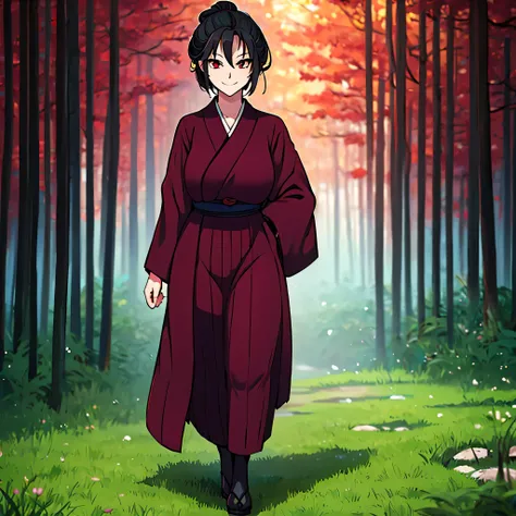 a woman wearing a black yukata, a burgundy dress inside the yukata, red eyes, long black hair, smiling, walking in a japanese ga...