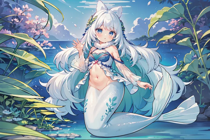 masterpiece, best quality(complete five fingers),a girl,mermaid,white hair,白色的mermaid尾巴,full-body shot,get posed,sea view,seabed...