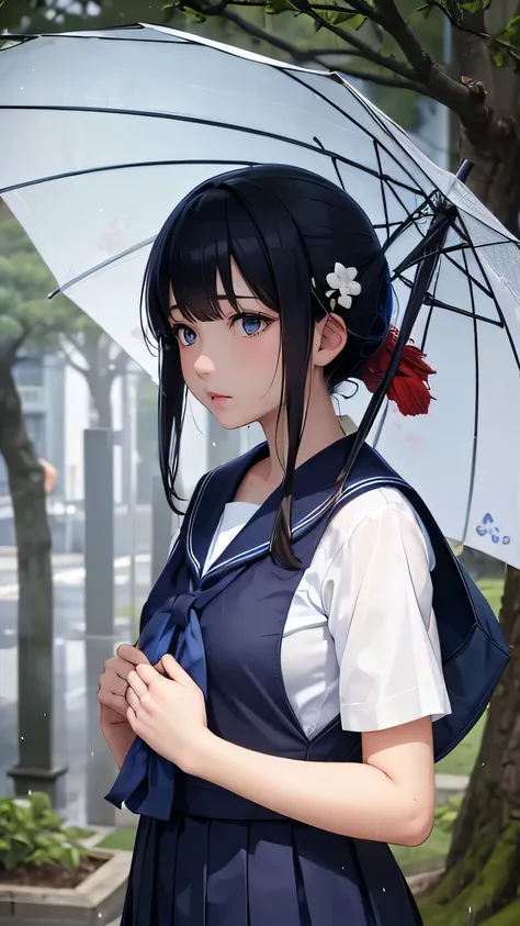 Girl, heavy rain, tree, flower, wet, japanese blue sailor uniform