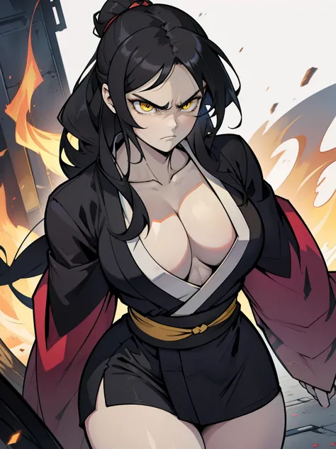 (1girl), black hair, (extremely long hair), yellow eyes, ((muscular)), (kimono), huge breasts, thick thighs, solo, angry, (pale skin)