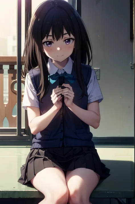 Takiuchi, Inoue Check, Long Hair, bangs, Black Hair, (Purple eyes:1.2),smile,blush,full body，
white yシャツ, Short sleeve, Pleated skirt,  Collared shirt, mini skirt, Black pantyhose, (Black Skirt:1.5), Sweater vest, (blue Sweater vest:1.5),Brown Loafers,Dayt...