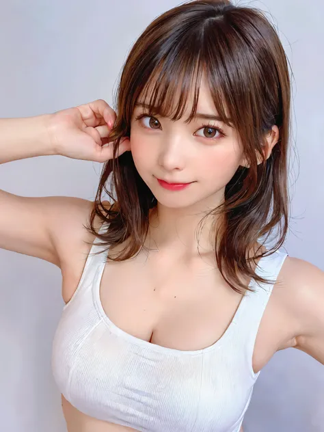 highest quality, Realistic, 8k, High resolution, 1 girl, woman, (Skin dents), (Portraiture:0.6), Nice, ((White Background, Sports tank top, Big Breasts、Random Hairstyles、Looking at the audience,  (1 girl eyes Looking at the audience:1.6), Realistic, (Bokeh...