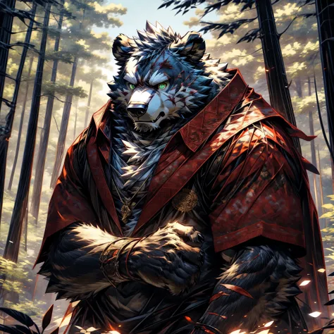 masterpiece,High quality,furry,bear,male people,white fur,green eye,anger,forest,muzzle,perfect background,stained with blood,one man,wounds all over the body