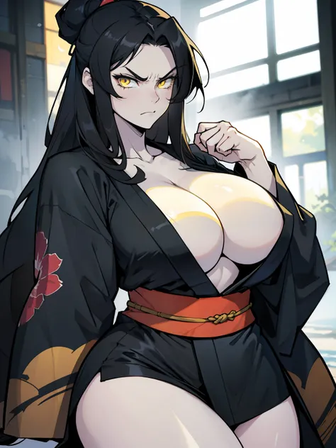 (1girl), black hair, (extremely long hair), yellow eyes, ((muscular)), (kimono), huge breasts, thick thighs, solo, angry, (pale skin)