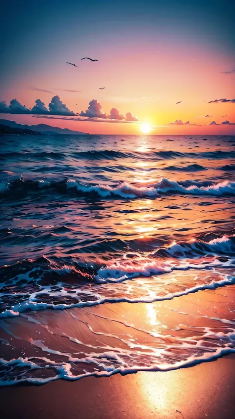 absolutely mesmerizing sunset on the beach, with a blend of oranges, pink color, the sky is full. the crystal clear waters of th...