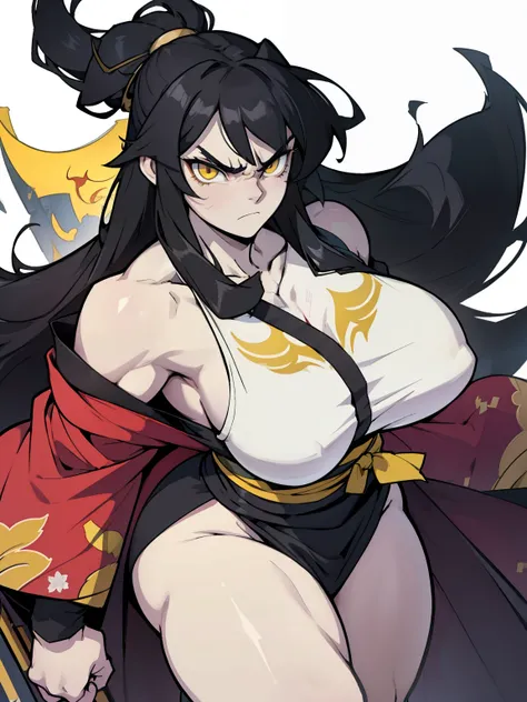 (1girl), black hair, (extremely long hair), yellow eyes, ((muscular)), (kimono), huge breasts, thick thighs, solo, angry, (pale skin)