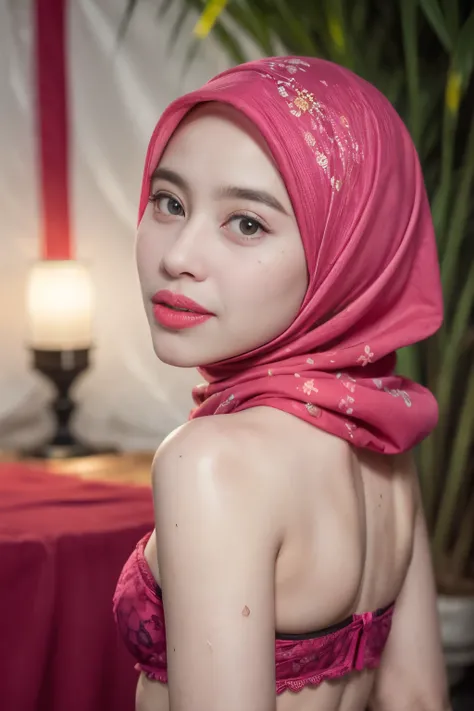 ((thick lips:1.7)), Lace, (Happy smile), (((HIJAB MALAY GIRL))), masutepiece, High quality, UHD 32K, Realistic face, Realistic skin feeling , A Japanese Lady, 8 years old, , Very cute and baby-like face, (((FLAT CHEST))), (Night time at forest), ((look In ...