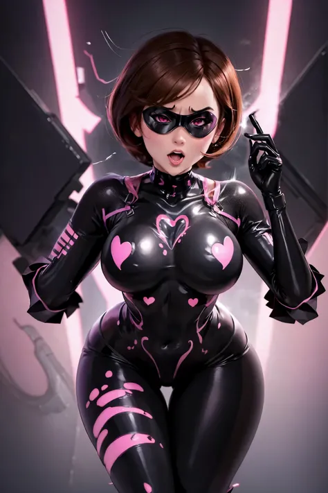 Helen parr. ahegao. dark costume. brown hair. Transparent Bodystocking. mind control. corruption. black eye mask. Heart Pasties. pink glow eye. Covered in mucus.
