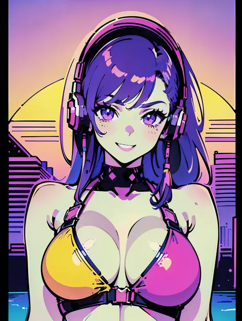 (best quality,4k,8k,highres,masterpiece:1.2),ultra-detailed, anime style, vapor wave aesthetic, line art, large breasts, bikini with harness, purple and hot pink background, setting sun, bright yellow accents, erotic pose, wearing large headphones, waifu, ...