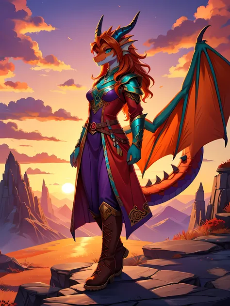 bright colors, fantasy style art, beautiful anthropomorphic female dragon, mature and young, tall character, 5 feet 11 inches tall, dragon body, dragon head, dragon snout, dragon eyes, dragon skin, long wavy bright orange hair, bright teal eyes, sparkling ...