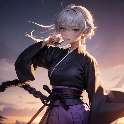 （（（Perfect figure，figure，long sleeves, japanese clothes, kimono, haori, black kimono, hakama, black hakama,（（（isane kotetsu, short hair, braid, white hair, (purple eyes:1.1), hair braid, ））），（（（wide hips））），S-shaped figure:1.7））），((masterpiece)),high resol...