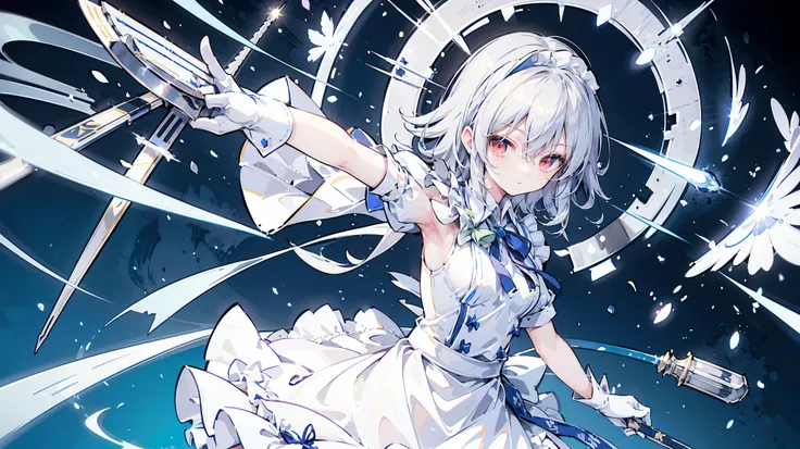 Sakuya Izayoi (Touhou Project), silver hair, short, throwing knife, white and blue maid outfit, maid headband, white gloves, red eyes, one person