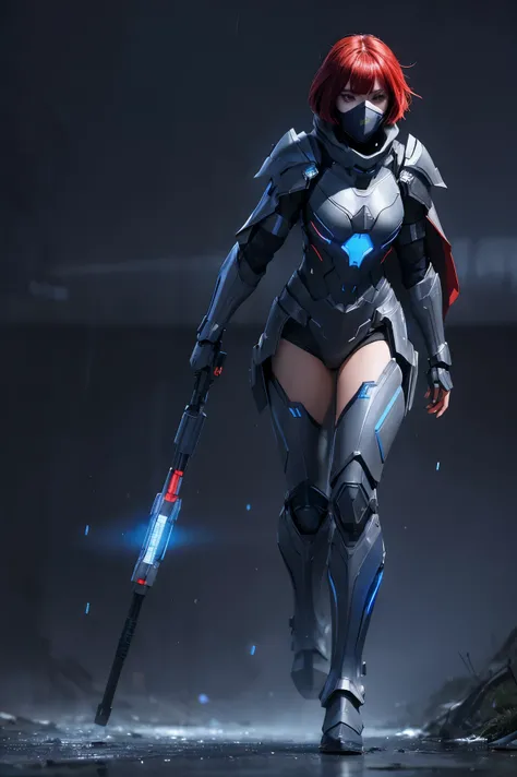 Advance armored girl, grey hood and cape, background dark space battlefield, heavy rain, red short hair, blue glowing beautiful eyes, (full body shot), blue glowing lined simple armor plate, dark environment, high detailed face, Advance mask, intense war,