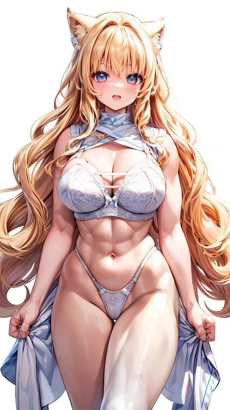 Very detailed、highest quality、Best image quality、masterpiece、8k、Anime Face、A kind smile、(Open your mouth:1.3)、Sparkling blue eyes、(Blonde Wavy Hair:1.5)、(Muscles of the whole body:1.3)、(highleg:2.0)、Thigh belt、(Cowboy Shot:1.5)、(SFW Giant)、(Thick body:1.2)...