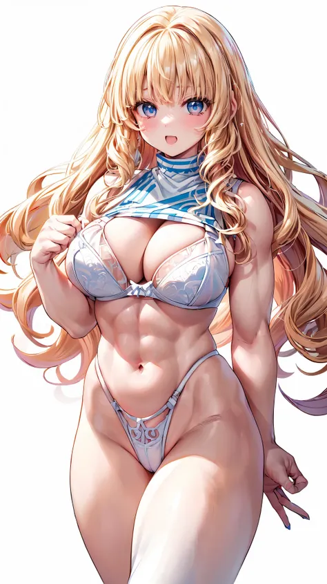 Very detailed、highest quality、Best image quality、masterpiece、8k、Anime Face、A kind smile、(Open your mouth:1.3)、Sparkling blue eyes、(Blonde Wavy Hair:1.5)、(Muscles of the whole body:1.3)、(highleg:2.0)、Thigh belt、(Cowboy Shot:1.5)、(SFW Giant)、(Thick body:1.2)...