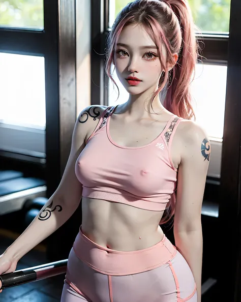 ((Big Breasts)), ((16 years old,)), ((very small head)), Dawn, sunlight, Bright light, (Perfect body : 1.1), (whole body), (Short Wavy Hair:1.2, Dark brown hair, Pink and blue mesh hair, Thin mesh), whole bodyショット, ((Tight workout clothes), (Sweat), (Very ...