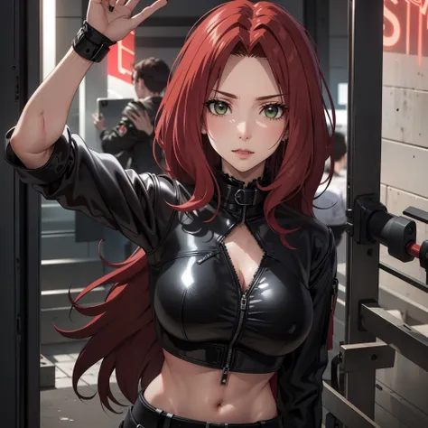 A 30-year-old woman, cabello rojo ondulado, piel clara, ojos verdes como esmeraldas, pechos grandes, Cyberpunk glossy latex set negro, selfi, , pechos grandes. cuerpo completo. manos perfectas.