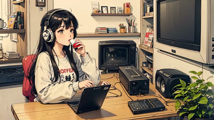 1 girl, 90s anime style, I have headphones on, Drinking coffee in a stylish cafe, The background has a retro feel, There is an old-fashioned TV, Lo-Fi