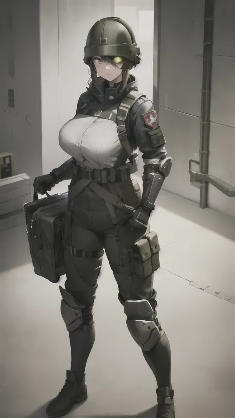 combine soldier, 1girl, solo, standing, helmet, gloves, looking at viewer, facing viewer, military, science fiction, jumpsuit, bulletproof vest, breasts, wide hips, skintight, combat boots, coat around waist, mechanic girl, holster, chest rig, ammo pouches...