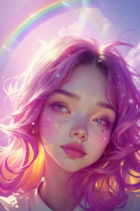 (This is a beautiful rainbow fantasy image that feels interesting and emphasizes glitter and iridescence.) Generate a ((blind)) curvy woman with colorful curly hair and milky white eyes. Her face is important and is perfectly formed with puffy lips and per...