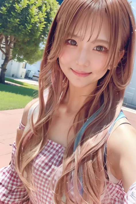 hair color: pink　model　woman　long hair　diagonal　selfie　diagonal上　selfie　summer　shoulder　smile　light blue gingham check outfit　su...