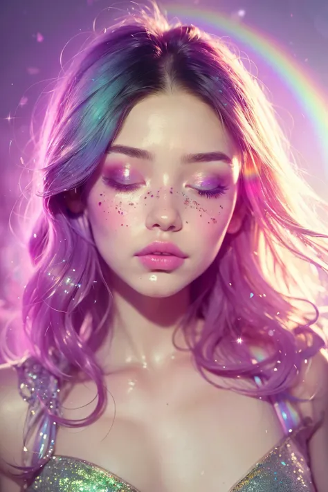 (This is a beautiful rainbow fantasy image that feels interesting and emphasizes glitter and iridescence.) Generate a ((blind)) curvy woman with colorful curly hair and milky white eyes. Her face is important and is perfectly formed with puffy lips and per...