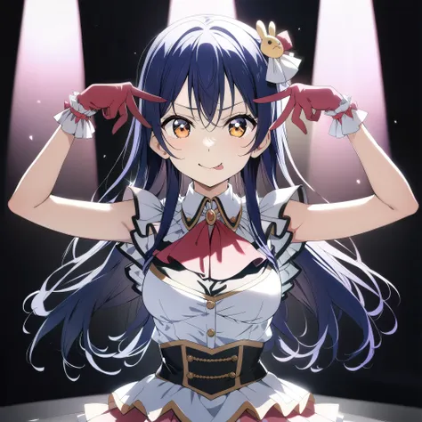 One girl,キャラ全体像whole body、whole body、Waist-high cowboy shot、
Sonoda umi, lovelive!
igo, go_Costumes,
alone,Stage lighting,smile,
oshinokoparody, Sticking out tongue,Double V, Upper Body,
masterpiece, highest quality, Super detailed, High resolution,4K,(Ver...