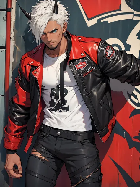 skateboarder punk man, badass, light stubble, aggressive, detailed face, heterochromia eyes: one eye blue and one eye brown, sweating, masculine, light body hair, ((dark tanned skin)), bulge, very short white hair, smoky grunge punk graffiti, wearing ((ski...