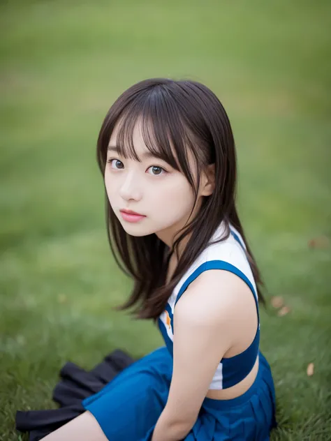 (masterpiece, highest quality:1.4), Award-winning portraits, 8k, 85mm, alone, Beautiful Face, Delicate girl,  (Cheerleader、On the grass), Sophisticated, cute, 15 years old, RAW Photos, Confused, High resolution, Sharp focus, Background Blur、(((flat  、thin ...